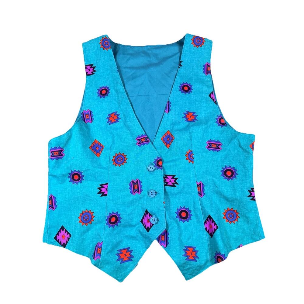 Vintage Southwestern Print Vest Turquoise Button Front Aztec Boho 18x22